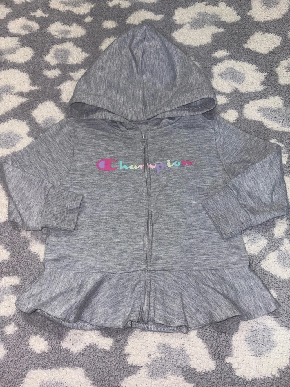 Champion Gray Zip-Up Hoodie with Pink & Teal Logo
